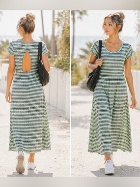 Derek Heart Mint Green Gray Stripe Cutout Back Maxi T-Shirt Dress  M